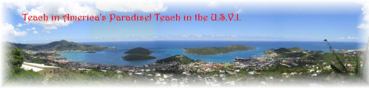 Archived teachusvi.net banner: panorama of Charlotte Amalie harbor with the words Teach in America's Paradise! Teach in the U.S.V.I.